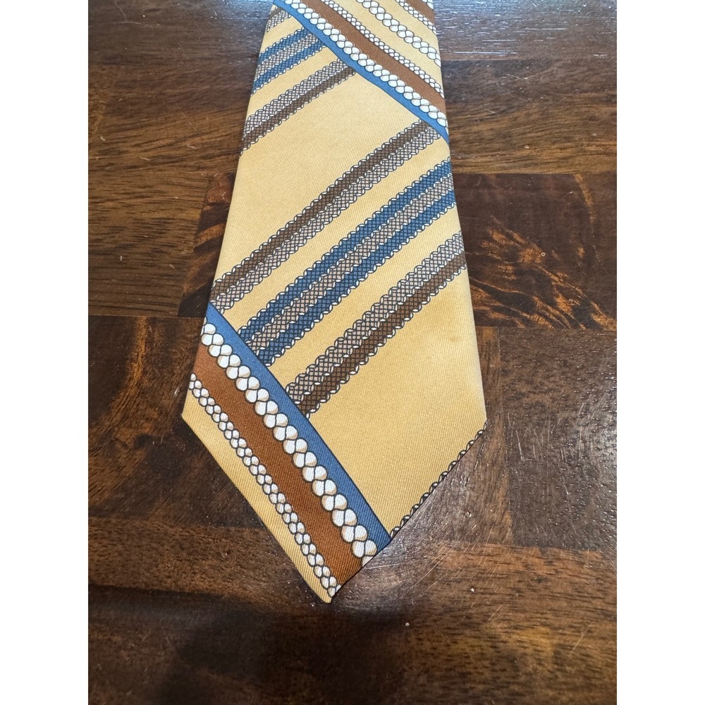 Via Ravena Mens Necktie Yellow Brown Blue Diagonal Stripe Geometric Polyester